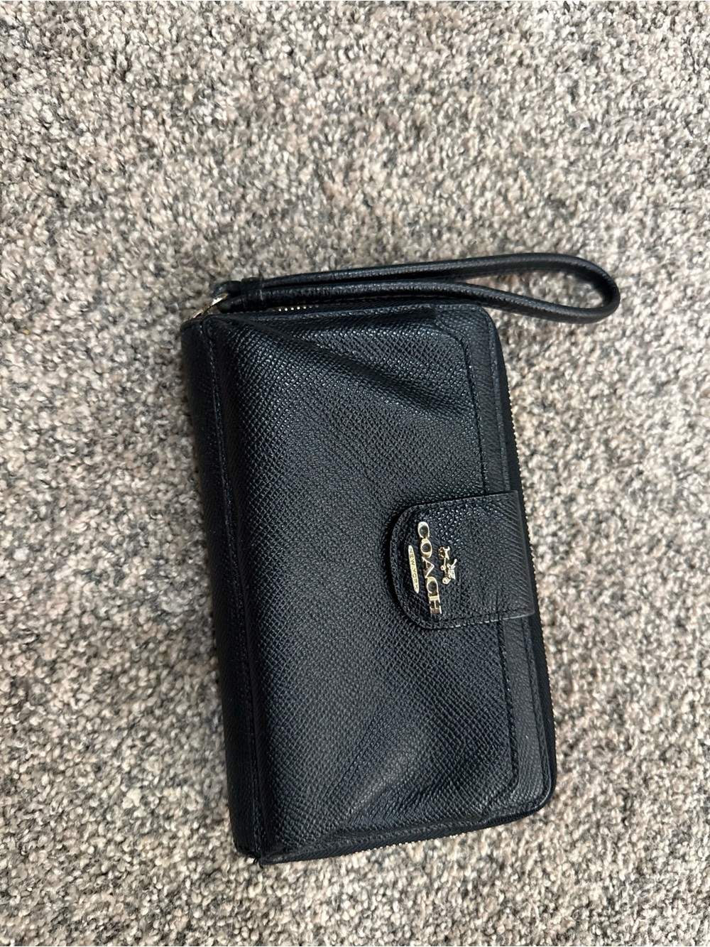 Coach Black Saffiano Leather Wristlet Card Case with Gold Logo
